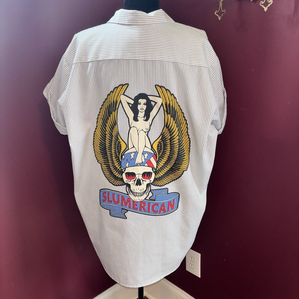 Yelawolf Slumerican Shirt Mens XL Striped Mechanic Shop Button-Up Graphic Pin-up